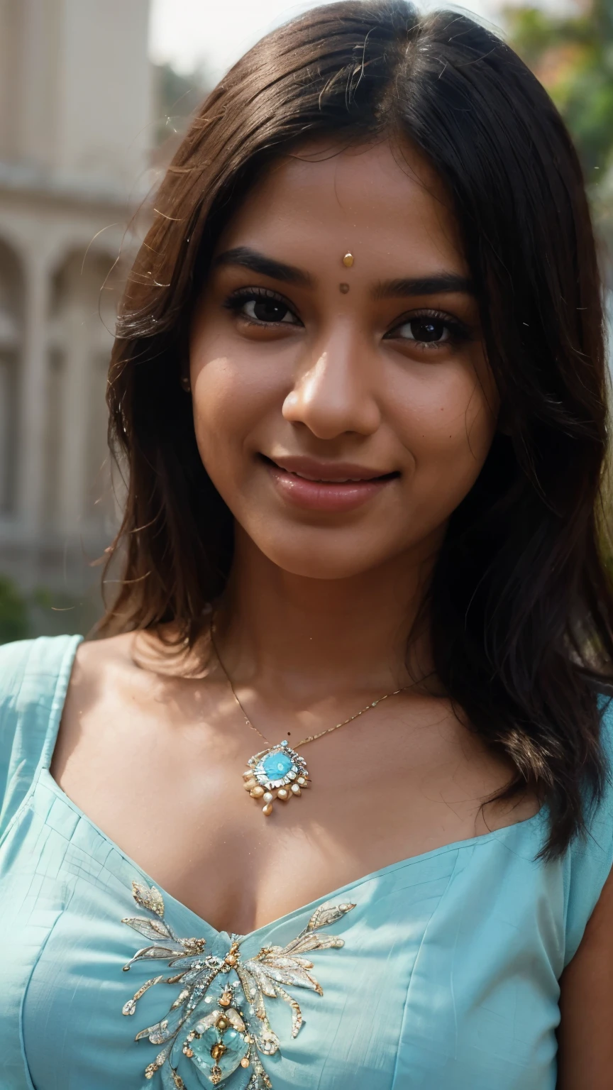A beautiful Indian girl cute smile (best quality,4k,8k,highres,masterpiece:1.2),ultra-detailed,(realistic,photorealistic,photo-realistic:1.37),1girl,beautiful Indian girl,cute smile,beautiful detailed eyes,beautiful detailed lips,extremely detailed eyes and face,long eyelashes,intricate detailed face,elegant expression,warm lighting,soft colors,cinematic lighting,glowing skin,detailed jewelry,detailed clothing,beautiful background