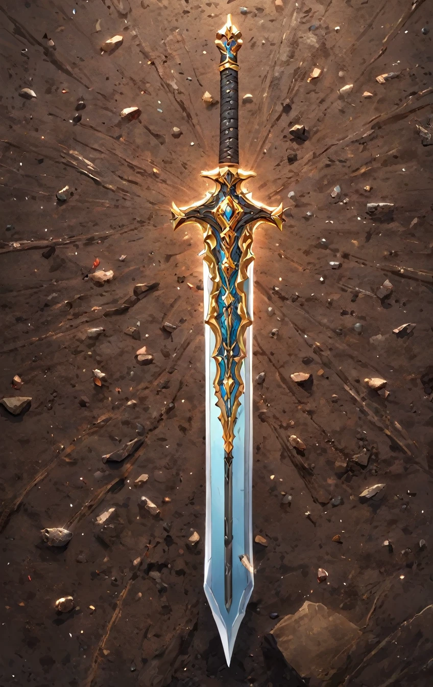 masterpiece, best quality, epic fantasy art style, simple stone and dirt sword for card game (blade and hilt is made of stone and dirt), full art, full sword art, intricate details, ultra high resolution, sharp focus, HD, 8k, clear details, zoom out to get the full sword in the image, simple background, show full sword, sword centered on image to allow ample background to show