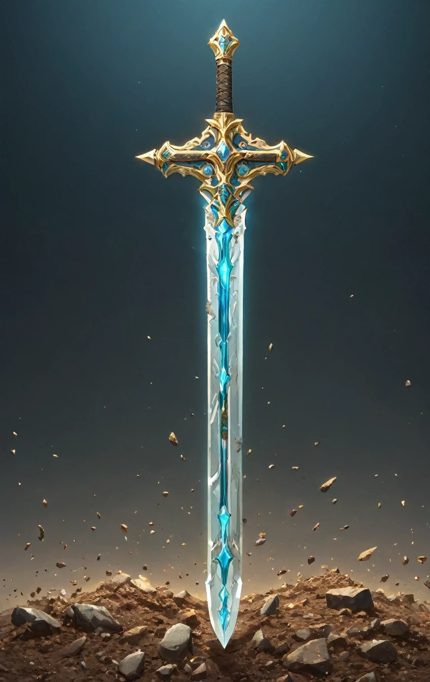 masterpiece, best quality, epic fantasy art style, simple stone and dirt sword for card game (blade and hilt is made of stone and dirt), full art, full sword art, intricate details, ultra high resolution, sharp focus, HD, 8k, clear details, zoom out to get the full sword in the image, simple background, show full sword, sword centered on image to allow ample background to show