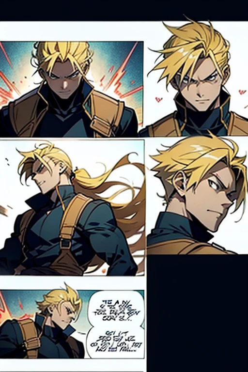 Anime guy with blonde hair sweep kicking enemies, manga page with panels and dialogue 