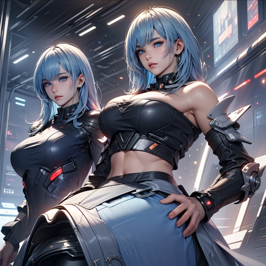 (best quality,4k,8k,highres,masterpiece:1.2), ultra-detailed a very beautiful Asian, blue eyes, red curve-in short hair, look at viewer, tight cropped top, big bust, night, cyberpunk space, space view, HDR lighting, RTX Raytracing