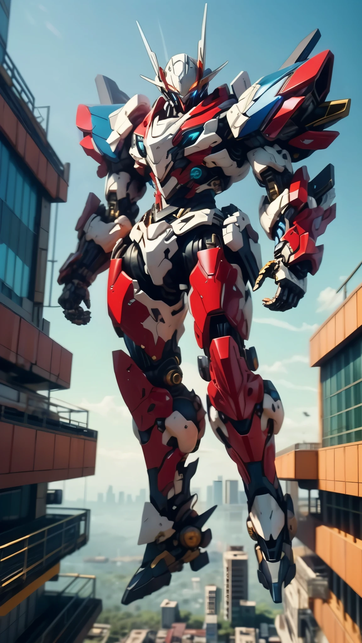 Humanoid Mecha, fully enclosed shoulder guards, matching arm and leg guards, full body, full armor, the design balances heavy with agility, (the color scheme is primarily white with red and blue accents, the concept Inspired by Super robot, organic biotech armor, standing, floating high above the futuristic sci-fi city), exquisite and mature art style, (aura effect, energy, glowing eyes, the armor glows), ((SRS)), metallic, dynamic, dramatic, high definition, best quality, highres, ultra-detailed, ultra-fine painting, extremely delicate, professional, perfect body proportions, anatomically correct, symmetrical face, extremely detailed eyes and face, high quality eyes, creativity, RAW photo, UHD, 32k, Natural light, cinematic lighting, masterpiece-anatomy-perfect, masterpiece:1.5
