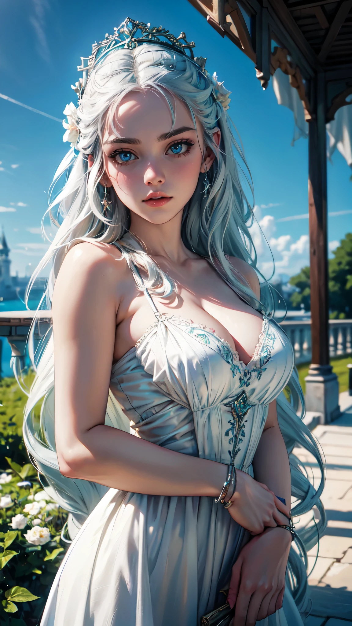 Russian Empire, Neon, garden, fabulous girl, dressed in a pale white simple silk dress of the 19th century with silver embroidery, Face similar to Daenerys, long white hair, stunning blue eyes, large breasts, realistic Face, Complex details, Beautiful fantasy setting, "silver-blue-green floral embroidery, 8K, HD,detailed yees, detailed face, detailed skin