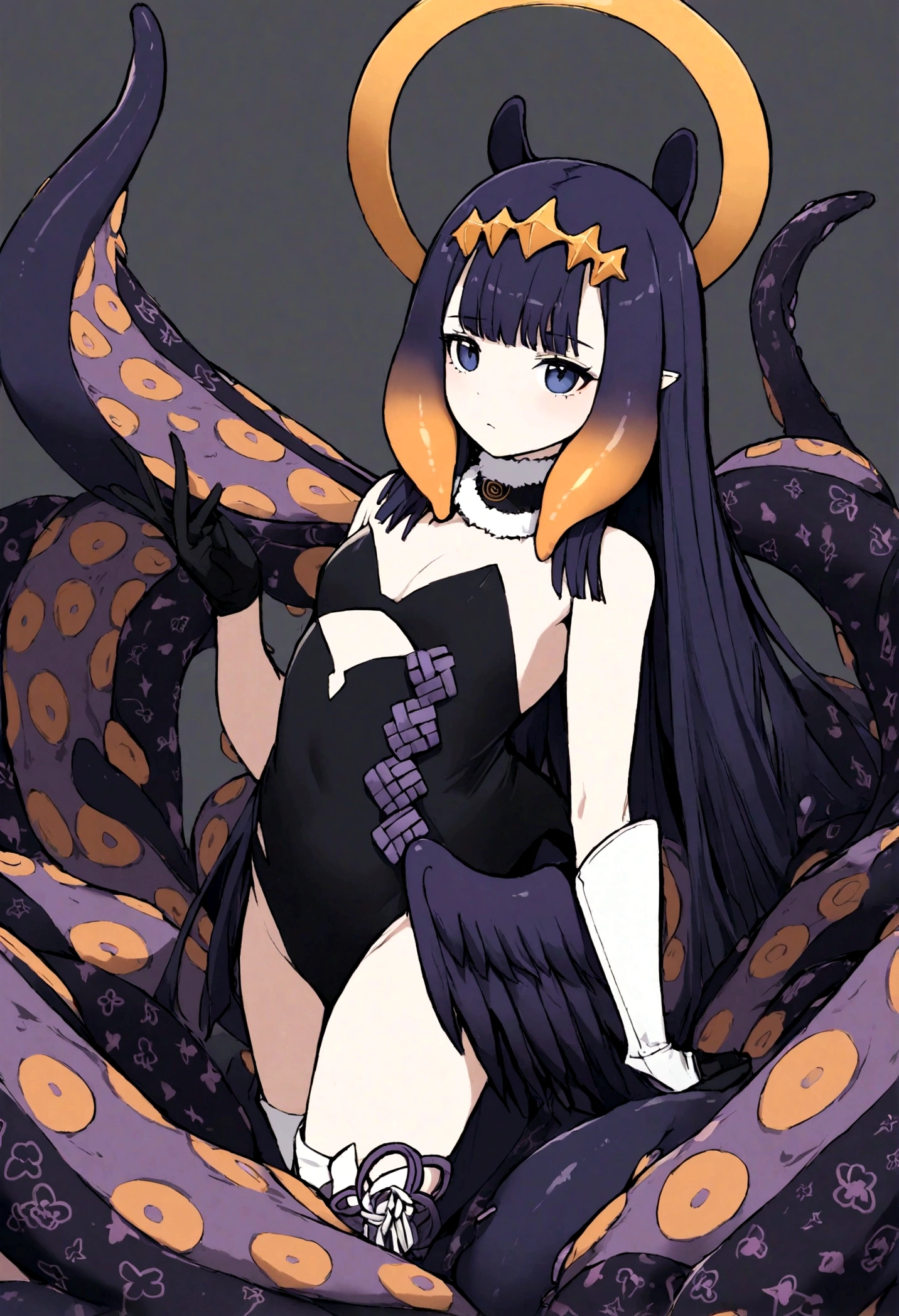 1girl, ninomae ina'nis, tentacle hair, black dress, low wings, halo, single thighhigh, detached single sleeve, gloves, (tentacles),dark_fantasy,