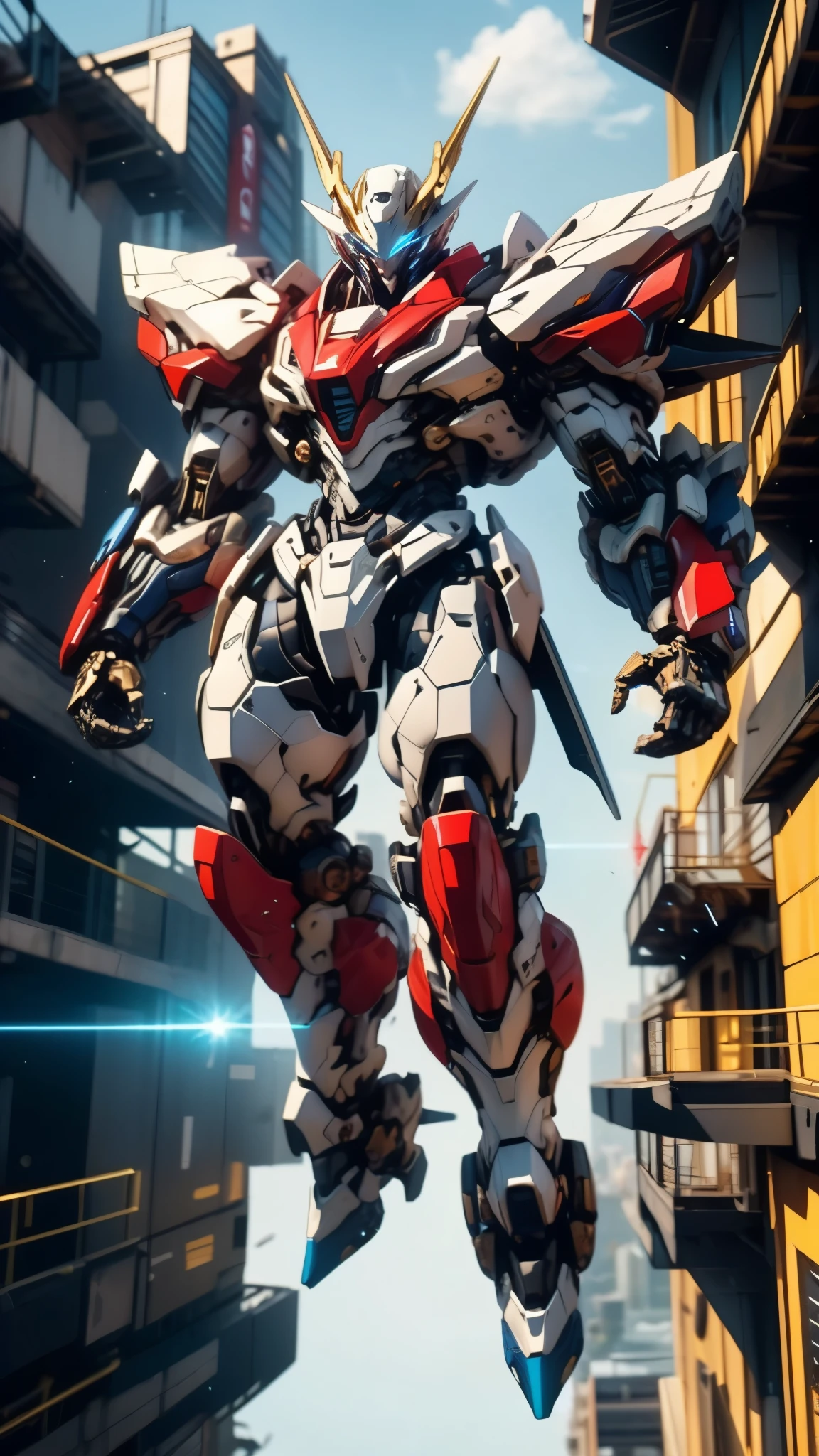 Humanoid Mecha, fully enclosed shoulder guards, matching arm and leg guards, full body, full armor, the design balances heavy with agility, (the color scheme is primarily white with red and blue accents, the concept Inspired by Super robot, organic biotech armor, standing, floating high above the futuristic sci-fi city), exquisite and mature art style, (aura effect, energy, glowing eyes, the armor glows), ((SRS)), metallic, dynamic, dramatic, high definition, best quality, highres, ultra-detailed, ultra-fine painting, extremely delicate, professional, perfect body proportions, anatomically correct, symmetrical face, extremely detailed eyes and face, high quality eyes, creativity, RAW photo, UHD, 32k, Natural light, cinematic lighting, masterpiece-anatomy-perfect, masterpiece:1.5