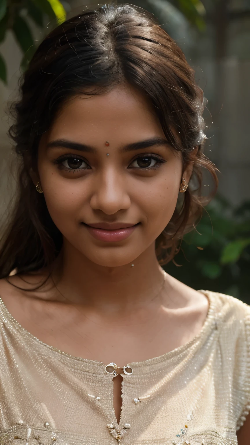 A beautiful Indian girl cute smile (best quality,4k,8k,highres,masterpiece:1.2),ultra-detailed,(realistic,photorealistic,photo-realistic:1.37),1girl,beautiful Indian girl,cute smile,beautiful detailed eyes,beautiful detailed lips,extremely detailed eyes and face,long eyelashes,intricate detailed face,elegant expression,warm lighting,soft colors,cinematic lighting,glowing skin,detailed jewelry,detailed clothing,beautiful background