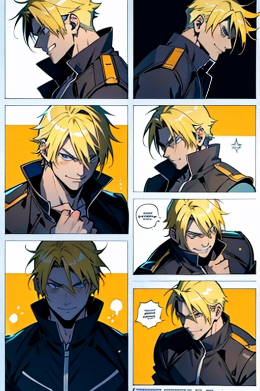 Anime guy with blonde hair smiling while fighting, manga page with panels and dialogue 