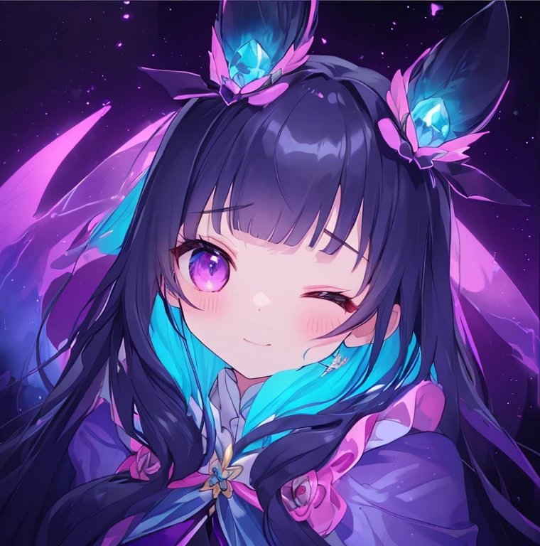 best quality，8k，masterpiece，masterpiece：1.2）（Granular shiny eyes，Bright shining eyes，intricate irises，Delicate lashes，Detailed eyeliner strokes：1.1）。Half purple，Half black，blue。Pink Eyes。（charming，Shy，astringent：1.2）。Clear eyes，Ultra Detailed，Watercolor style，fairy tale主题，color palettes。拥have美丽精致的眼睛和甜美的微笑，It creates a warm and inviting atmosphere。强调astringent。Add a touch of sexiness to the scene。have（muted pastels）。fairy tale，Light，Fighting Spirit Awakening Series Skin Color。Yandere，Q version avatar，Open one eye and close one eye。Dolls。（DetAiled left eye closed，The delicate iris of the right eye：1.2），(fierce，Dolls，Masculine，astringentastringent的: 1.3)。Long hair。