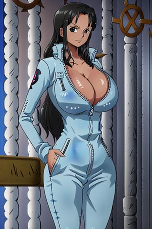 (masterpiece), best quality, expressive eyes, perfect face, (prison jail cell background), (standing behind jail cell bars), (seductive look), (cleavage view), (1girl, 18 years old, Nico Robin, latina, dark skin, tanned skin, black hair, bangs hairstyle, brown eyes, hourglass figure, thin body, skinny body, petite_body, large breasts, huge breasts, oppai, large cleavage, wide hips, thick thighs), (light-grey-blue_v-neck_full_body_prison_jumpsuit, light-grey-blue v-neck zip-up full jumpsuit, exposed cleavage, long sleeve, cameltoe, prisoner number tag on jumpsuit),