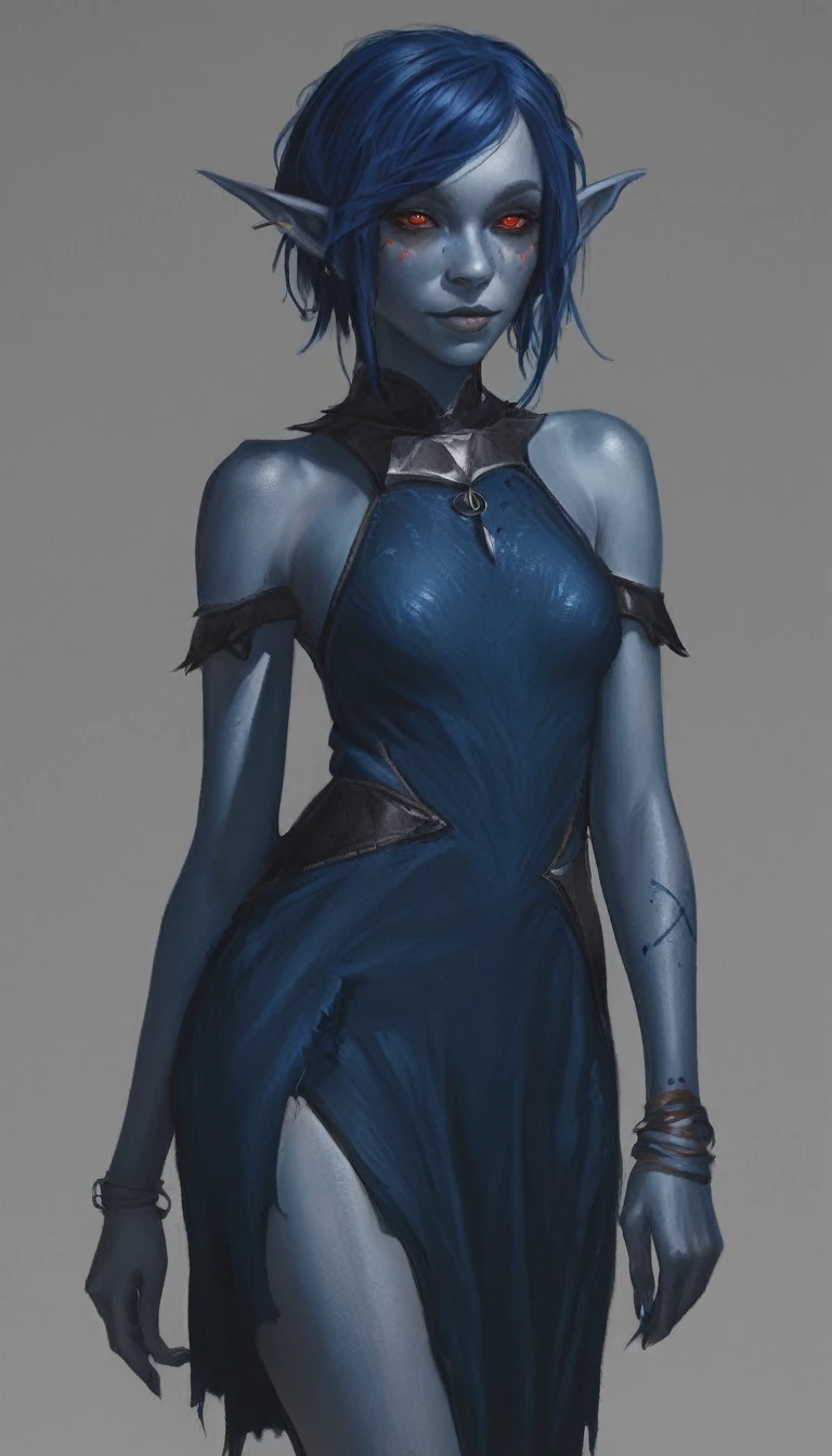 A young drow woman, drow elf, wearing a rib-knit mini-dress, blue skin, blue complexion, pointy elf ears, ruby eyes, dark hair, shaggy bob, posing like a model, hard shadows, graphite shading, stencil marks, airbrushed acrylic paint, (best quality,4k,8k,highres,masterpiece:1.2),ultra-detailed,(realistic,photorealistic,photo-realistic:1.37),illustration, hand-drawn, full color, in the style of Rockstar Games