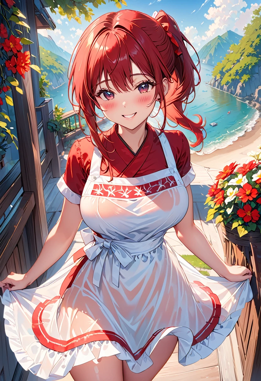 ((Apron Lift)), (highest quality), Super detailed), (Ultra High Resolution 8K), High-definition facial beauty, Apron, Cute smiling girl, (Big Bwing off her red see-through panties , (Blushbarrassing), Very hot day, Shade, Seduce