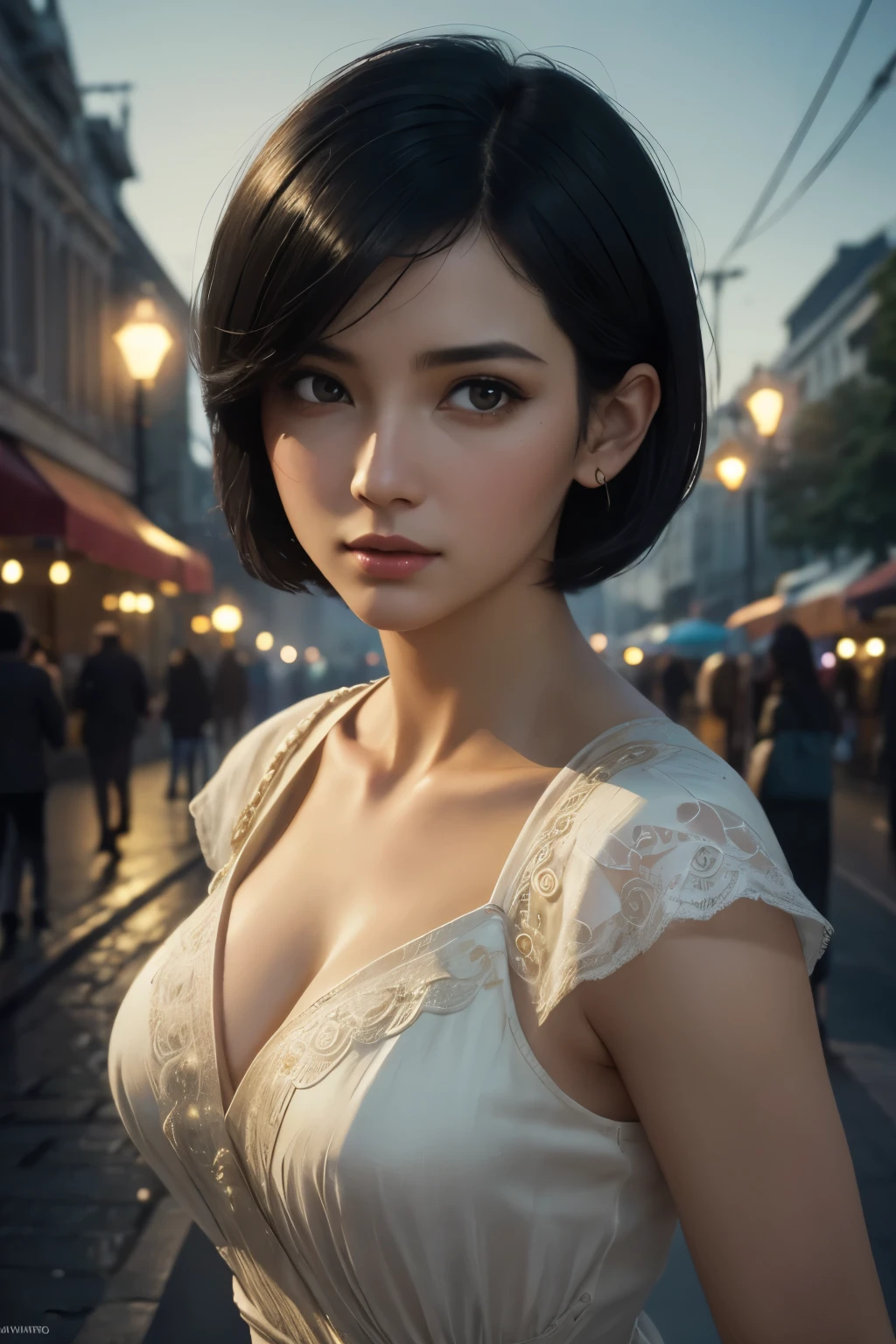 masterpiece, best quality, miranda, (halfbody shot,street lamps,moon),Masterpiece, 1girl, solo exhibition, beautiful woman on the bustling street, surrounded by hawkers, beautiful goddess girl portrait, beautiful and detailed face, porcelain skin, (((bust shot, center, night, black hair, short hair)), super soft lighting, symmetry, complexity, elegance, high detail, realism, art, concept art,
