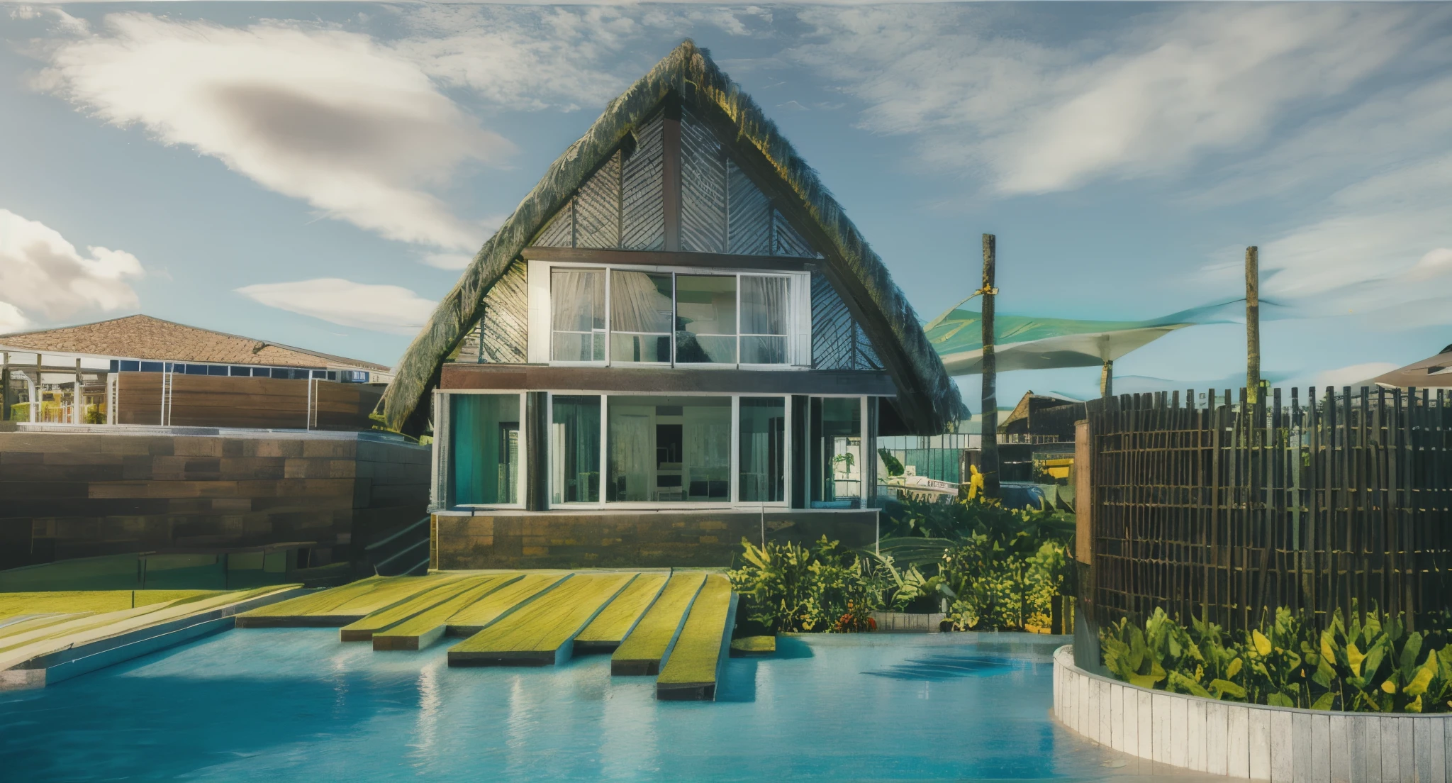 a resort exterior design, located in vietnam, have tropical landscape & beach view, coconut tree, realistic, super detailed, intricate, dramatic, shadows, high dynamic range, tropical trees