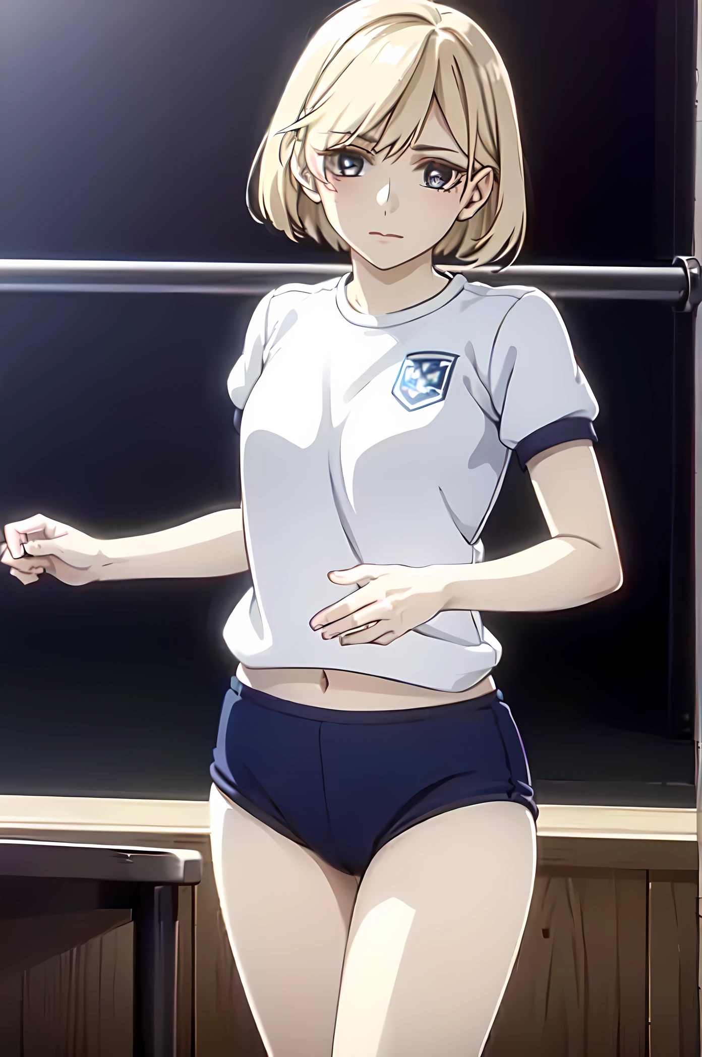 niina sugawara, short hair, blue eyes, Blonde Hair,buruma,gym uniform,classroom,looking at viewer, (Cowboy Shot:1.5),(masterpiece:1.2), highest quality, High resolution, unity 8k wallpaper, (figure:0.8), (Beautiful fine details:1.6), Highly detailed face, Perfect lighting, Highly detailed CG, (Perfect hands, Perfect Anatomy),