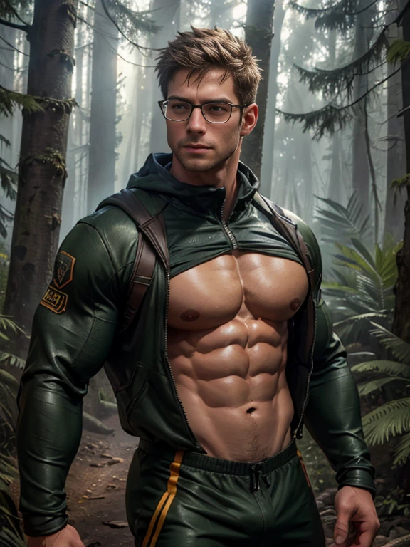 a muscular man, glasses , abs, 
 hazel eyes, wearing a hunter suit, forest background, portrait, realistic, photorealistic, cinematic lighting, extremely detailed facial features, extremely detailed face and body, hyper realistic, 8k, high quality, masterpiece
