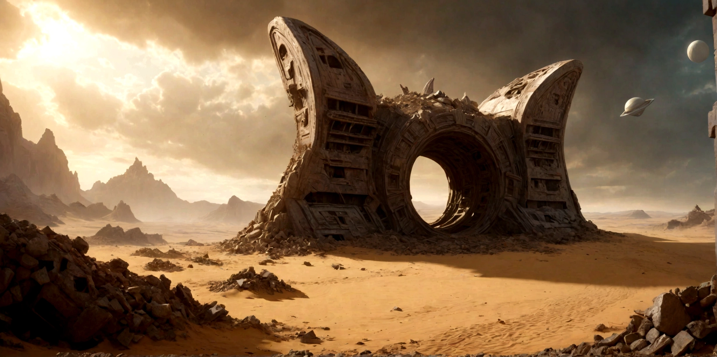 (EN UN VALLE RODEADO DE ACANTILADOS) ((THE DOOR OF AN ALIEN TEMPLE IN RUINS AND IN PIECES) , (A GIANT, THREE-LEVEL, 300-METER-LONG SPACESHIP FALLING RUSTY ABANDONED LAYING IN THE SAND CRUMBLED INTO DOZENS OF PIECES BY TIME))), SUPER HIGH DEFINITION IMAGE WITH HYPER REALISM , MUCHO CALOR, PLANETA SECO, hyper realistic in 4K, cinematic lighting. little vegetation on alien planet other than Earth, cloudy stormy and cold weather, el sol se oculta
