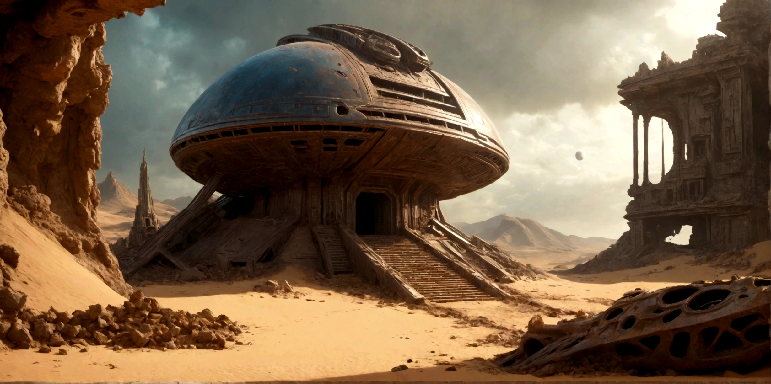 (EN UN VALLE RODEADO DE ACANTILADOS) ((THE DOOR OF AN ALIEN TEMPLE IN RUINS AND IN PIECES) , (A GIANT, THREE-LEVEL, 300-METER-LONG SPACESHIP FALLING RUSTY ABANDONED LAYING IN THE SAND CRUMBLED INTO DOZENS OF PIECES BY TIME))), SUPER HIGH DEFINITION IMAGE WITH HYPER REALISM , MUCHO CALOR, PLANETA SECO, hyper realistic in 4K, cinematic lighting. little vegetation on alien planet other than Earth, cloudy stormy and cold weather, el sol se oculta