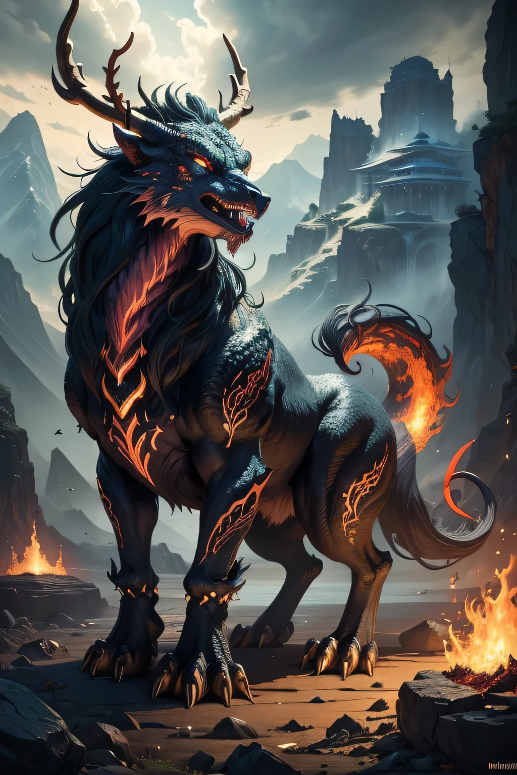 tmasterpiece，high high quality，high definition resolution，16k,realistically，(Mountains and sea)，monster from hell，Demonic nature，Old，Black-green scales，quadrupedal，deer antlers,mane hair,,sharp talons,beast of prey，Fangs and sharp teeth，Twinkle red eyes，Huge body，Full body lesbian，use flames，using magic， and fire magic，Chinese mythology，Oriental elements，epic mythology fantasy，digital art fantasy，Creatures from Ancient Myths and Legends，Intricate fantasy illustrations, Detailed fantasy illustration, The fantasy  very detailed, beautiful detailed fantasy, The magic fantasy  very detailed, Highly detailed fantasy art, Rivendell Epic Fantasy, detailed fantasy digital art, detailed fantasy art