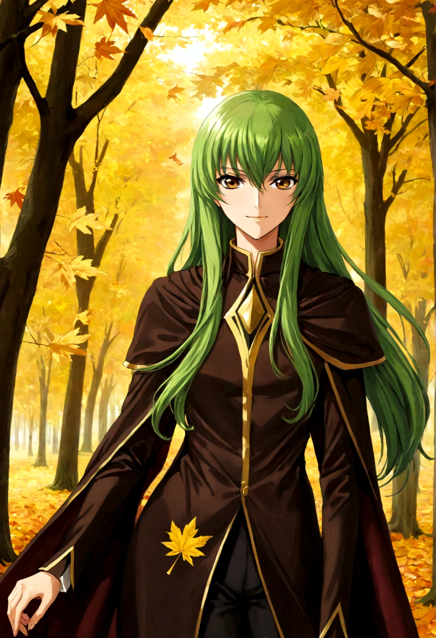 1girl, Code Geass, C.C., "CODE GEASS Lelouch of the Rebellion", solo, (green hair), cc_codegeass, long hair, straight hair, bangs, brown eyes, hair between eyes, suit, cloak, Maple leaves, outdoor, seductive smile, looking at viewer, (masterpiece, best quality, Professional, perfect composition, very aesthetic, absurdres, ultra-detailed, intricate details:1.3)