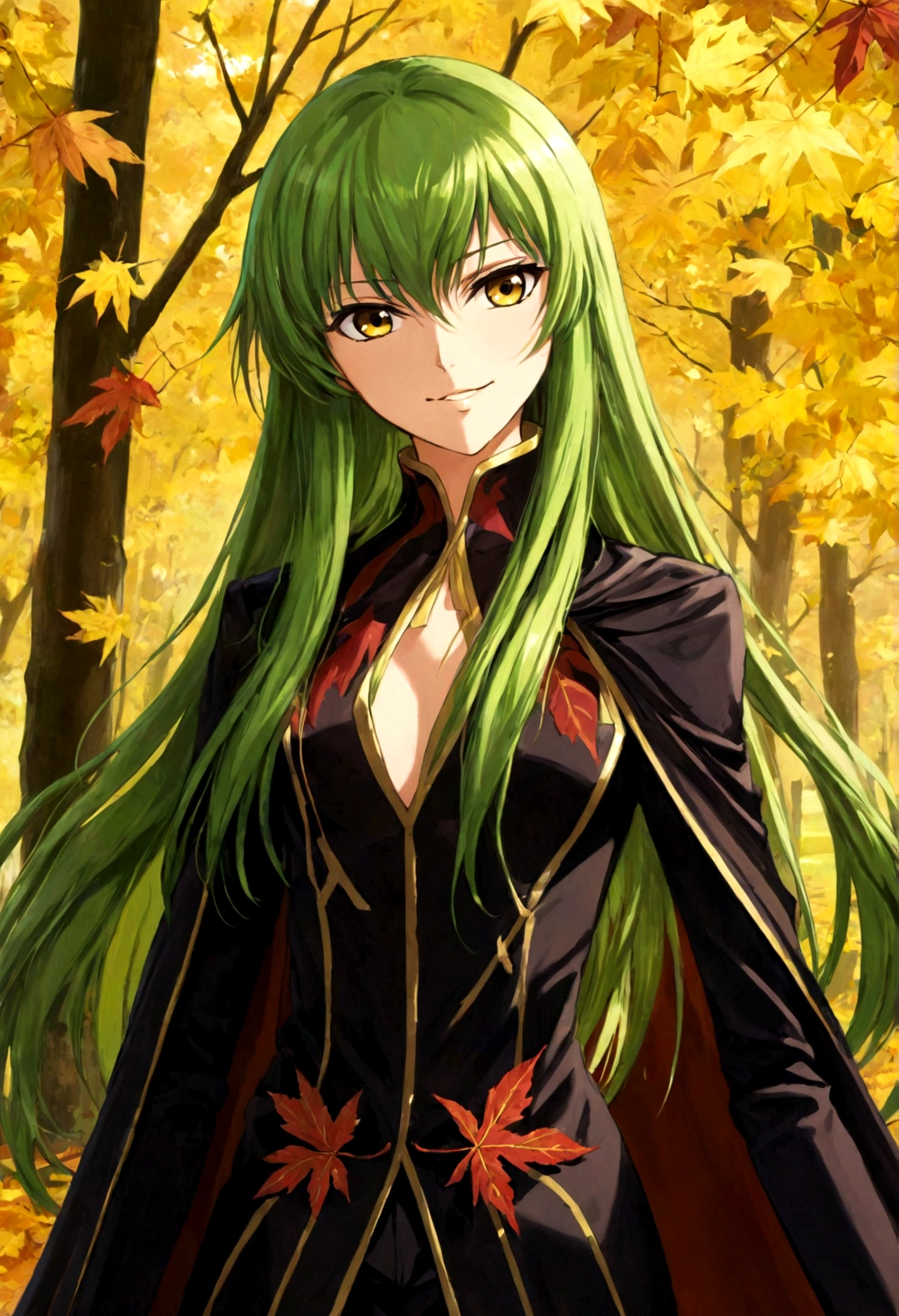 1girl, Code Geass, C.C., "CODE GEASS Lelouch of the Rebellion", solo, (green hair), cc_codegeass, long hair, straight hair, bangs, brown eyes, hair between eyes, suit, cloak, Maple leaves, outdoor, seductive smile, looking at viewer, (masterpiece, best quality, Professional, perfect composition, very aesthetic, absurdres, ultra-detailed, intricate details:1.3)