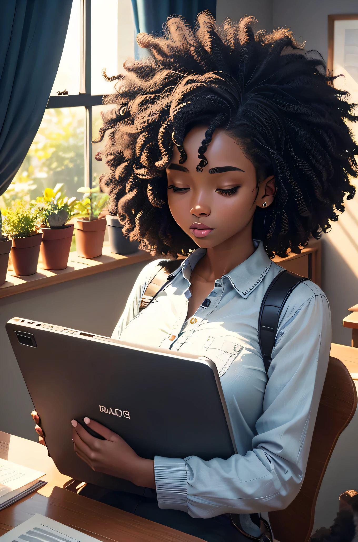 beautiful black dark skin girl with afro hair, studying in a room, fill with plants, study desk with two monitors, beautiful blue lights, cat sleeping by the window, black girl looking at phone on the desk, best quality, high res, ultra-sharp, masterpiece