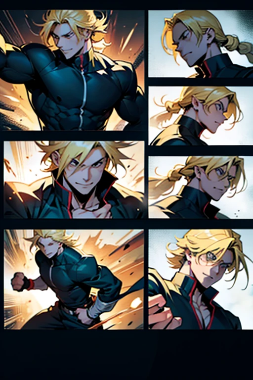 Anime guy with blonde hair smiling while fighting, full body shots, manga page with panels and dialogue