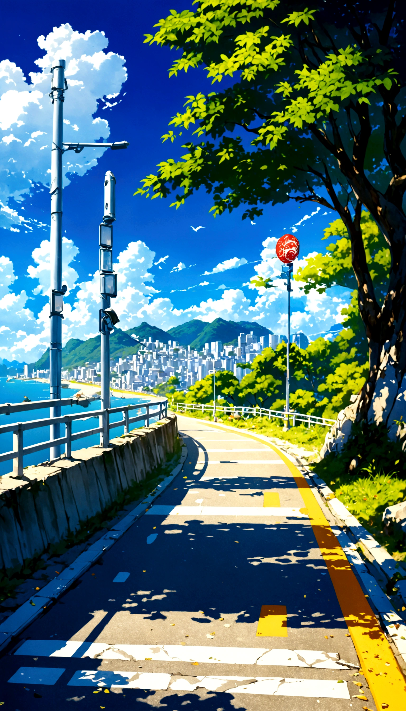 A painting depicting a waterside street, Traffic light on pole, rio de janeiro in an Japanese Manga film, Japanese Manga. author：Xin Haicheng, Japanese Manga landscape, author：Xin Haicheng, author：Xin Haicheng, Japanese Manga landscape wallpaper, Japanese Manga scenery, hd Japanese Manga cityscape, Xin Haicheng和 (cain kuga), Xin Haicheng&#39;style, high resolution, Uhigh resolution, high resolutionR, 3.20 thousand,1:1