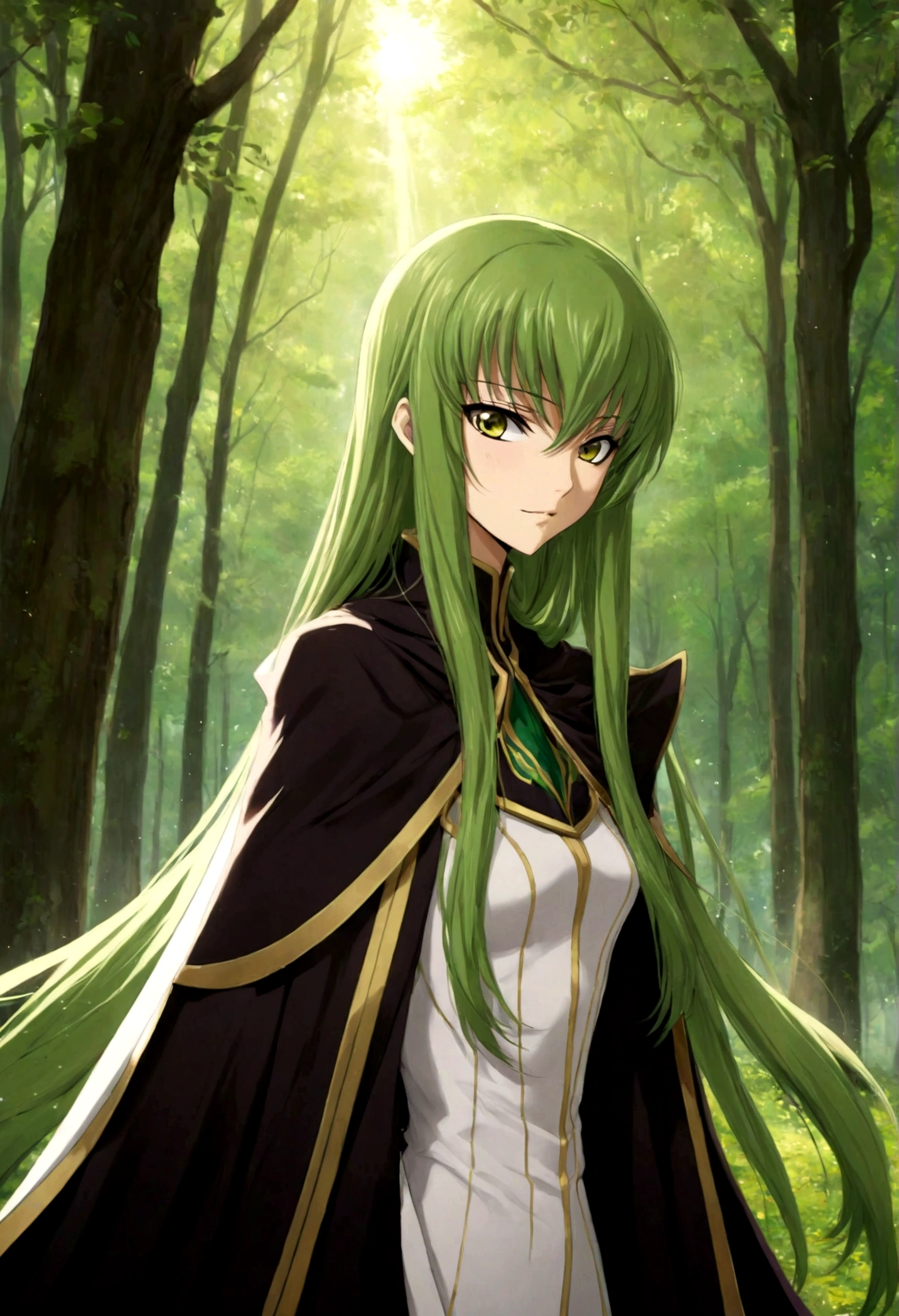 1girl, Code Geass, C.C., "CODE GEASS Lelouch of the Rebellion", solo, (green hair), cc_codegeass, long hair, straight hair, bangs, brown eyes, hair between eyes, suit, cloak, forest, outdoor, seductive smile, looking at viewer, (masterpiece, best quality, Professional, perfect composition, very aesthetic, absurdres, ultra-detailed, intricate details:1.3)