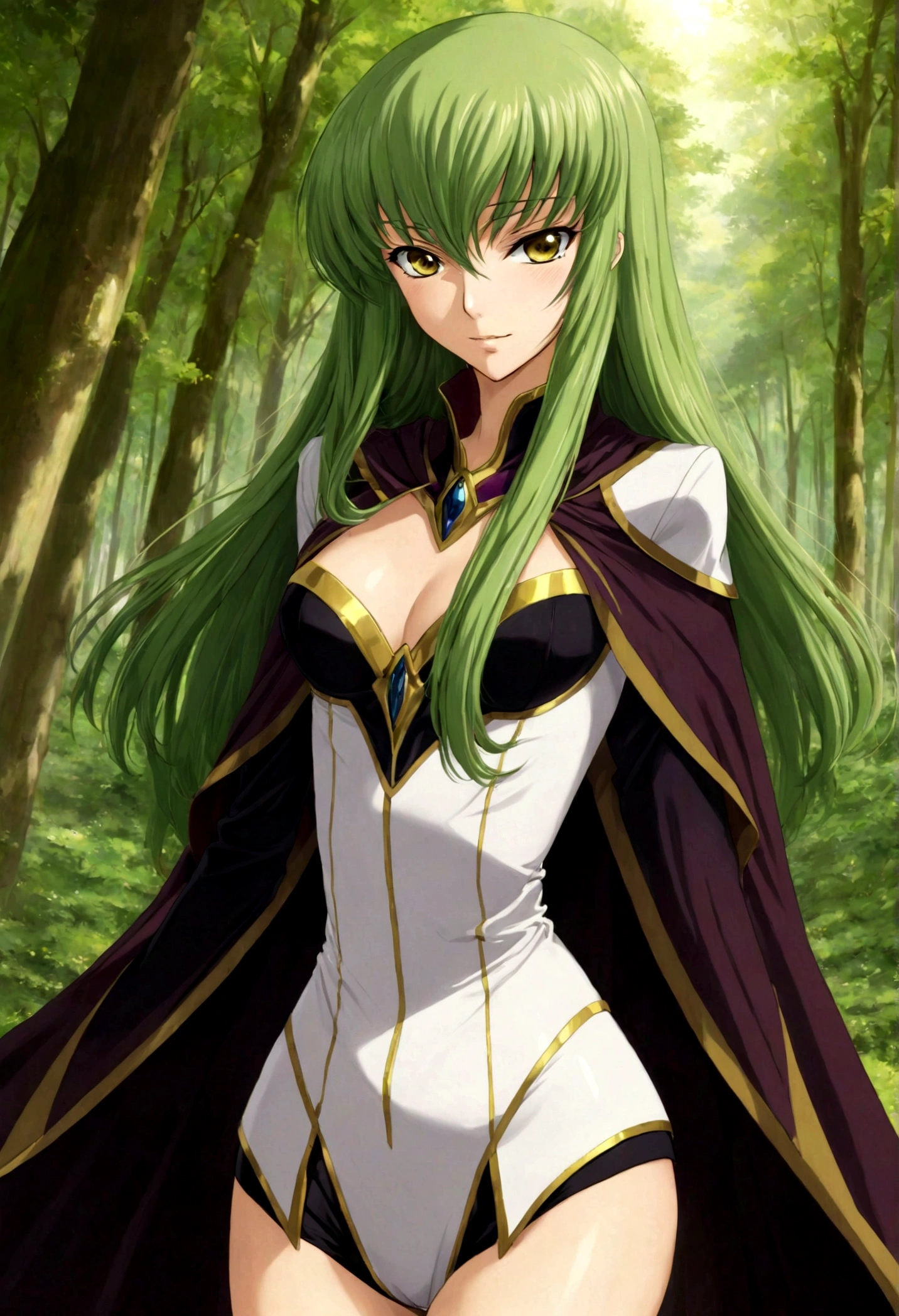 1girl, Code Geass, C.C., "CODE GEASS Lelouch of the Rebellion", solo, (green hair), cc_codegeass, long hair, straight hair, bangs, brown eyes, hair between eyes, suit, cloak, forest, outdoor, seductive smile, looking at viewer, (masterpiece, best quality, Professional, perfect composition, very aesthetic, absurdres, ultra-detailed, intricate details:1.3)