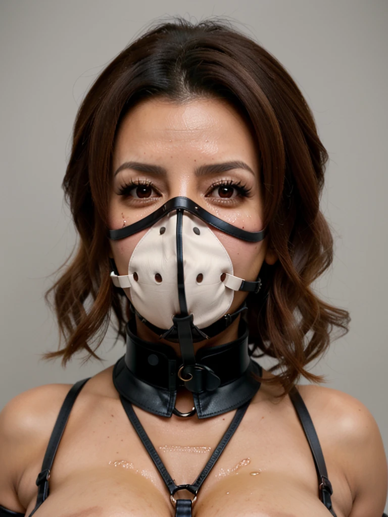 (Eva Longoria, bdsm, bondage, drool dripping, drool dangling, wearing a muzzle, breathplay) cleavage, 8k, drool all over chest, drooling, realistic, dripping wet, medium breasts, drool all over face, corset, perfect body, smooth skin, pleading eyes, lots of drool, sweating, saliva on face, exact likeness, muzzled mouth.