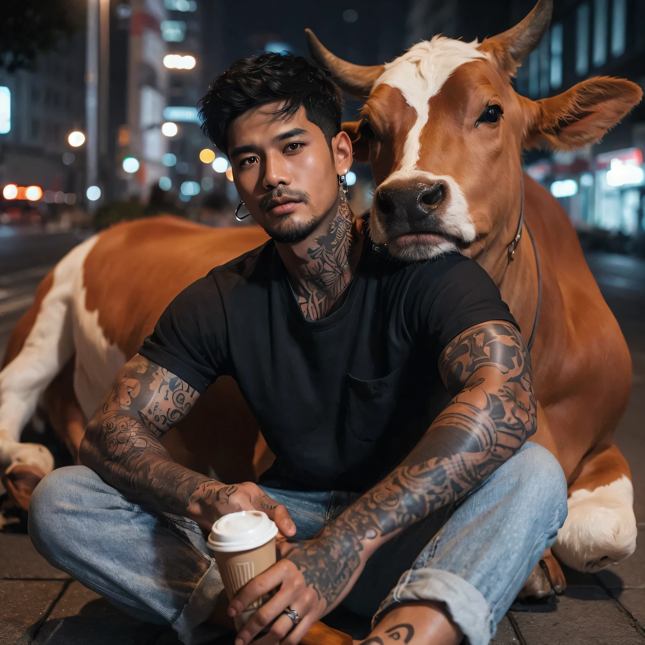 an handsome Indonesian man, short black hair, tattoos on his hands, wearing t-shirt, sitting on the sidewalk of a city street with a cow hugging him, while enjoying coffee and smoking, night view with fairy light, bokeh, soft bokeh on the foreground, high definition photo, photorealistic, shot using at iPhone 15 Pro Max