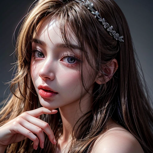 (best quality,ultra-detailed,physically-based rendering:1.2), realistic,portrait,beautiful young woman with long wavy hair and mesmerizing eyes,delicate facial features,soft lighting, vibrant colors, ((tongue playfully licking finger, fingers delicately holding in mouth)),subtle expression of pleasure and anticipation,romantic atmosphere, (close-up shot of sensual lips),subtle blush on cheeks,sensual and sophisticated,gentle and alluring gaze.