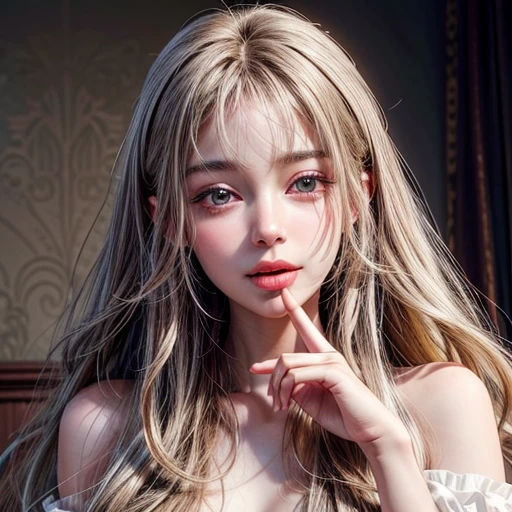 (best quality,ultra-detailed,physically-based rendering:1.2), realistic,portrait,beautiful young woman with long wavy hair and mesmerizing eyes,delicate facial features,soft lighting, vibrant colors, ((tongue playfully licking finger, fingers delicately holding in mouth)),subtle expression of pleasure and anticipation,romantic atmosphere, (close-up shot of sensual lips),subtle blush on cheeks,sensual and sophisticated,gentle and alluring gaze.