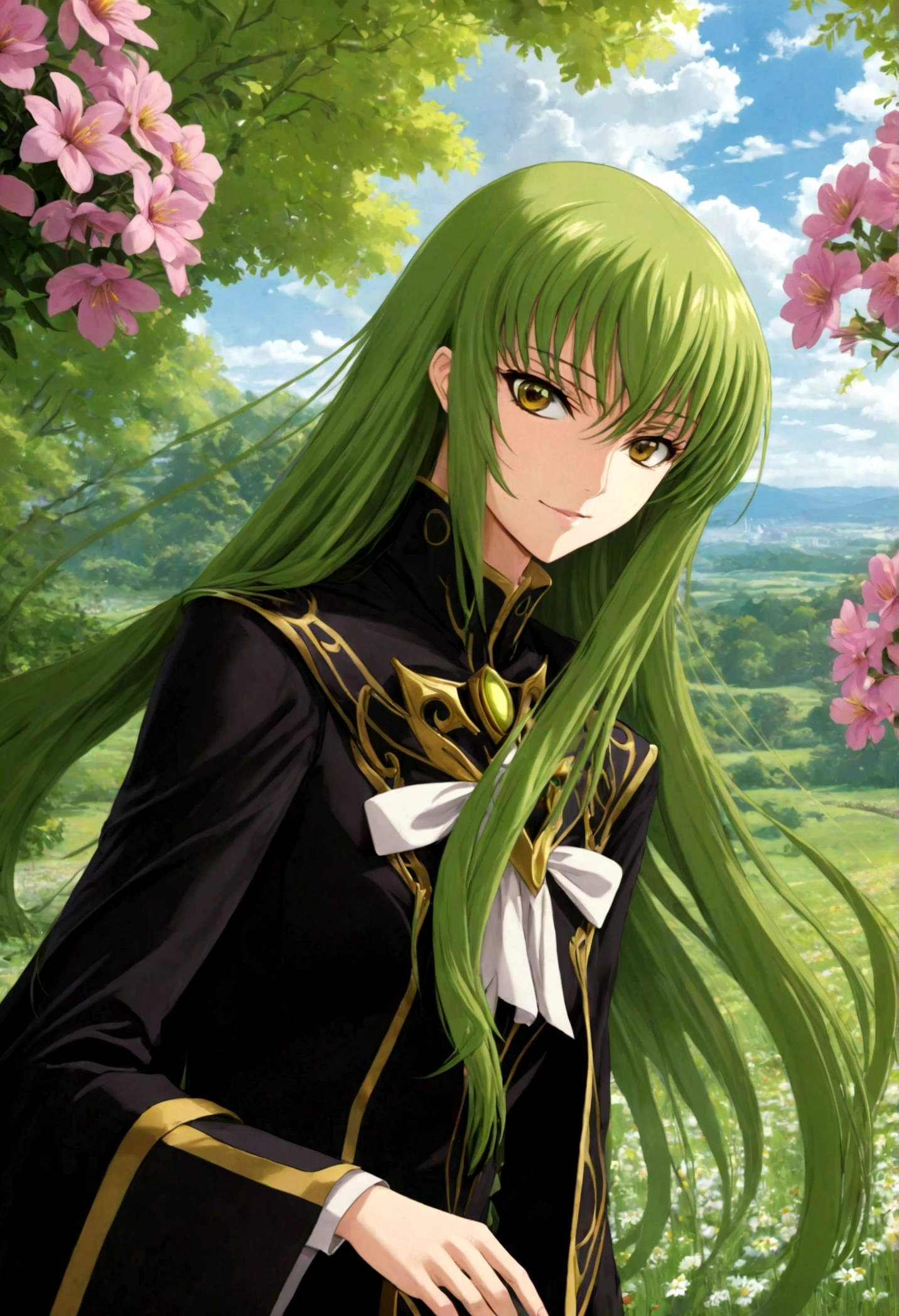 1girl, Code Geass, C.C., "CODE GEASS Lelouch of the Rebellion", solo, (green hair), cc_codegeass, long hair, straight hair, bangs, brown eyes, hair between eyes, suit, cloak, flowers, outdoor, seductive smile, looking at viewer, by Rachel Ruysch, (masterpiece, best quality, Professional, perfect composition, very aesthetic, absurdres, ultra-detailed, intricate details:1.3)