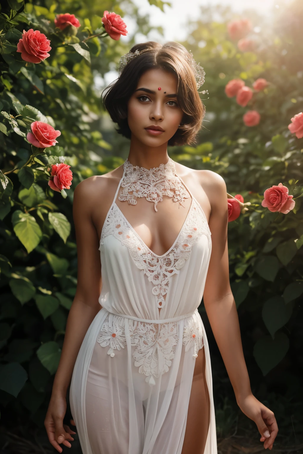 Indian woman,solo, outdoors, ruanyi0223,flower, maxi dress, nude, (cowboy shot:1.2),(thigh gap:1.1),short  pixie cut hair, solo,  crown of thorns, tall rose headdress,covered eyes, (best quality, hires, high resolution:1.2), (extremely detailed, realistic, intricate details, highres), flower applique, blush,  (cinematic lighting, sunlight, volumetric), looking at viewer, simple red background, vintage fantasy, 1960s \(style\), film grain,
kks_f4n