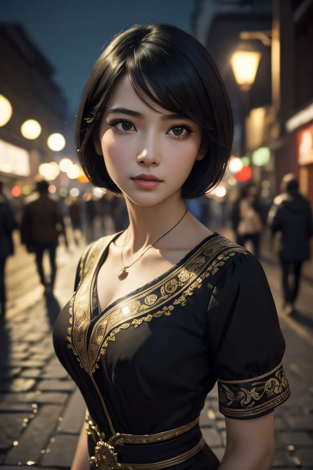 masterpiece, best quality, miranda, (halfbody shot,street lamps,moon),Masterpiece, 1girl, solo exhibition, beautiful woman on the bustling street, surrounded by hawkers, beautiful goddess girl portrait, beautiful and detailed face, porcelain skin, (((bust shot, center, night, black hair, short hair)), super soft lighting, symmetry, complexity, elegance, high detail, realism, art, concept art,