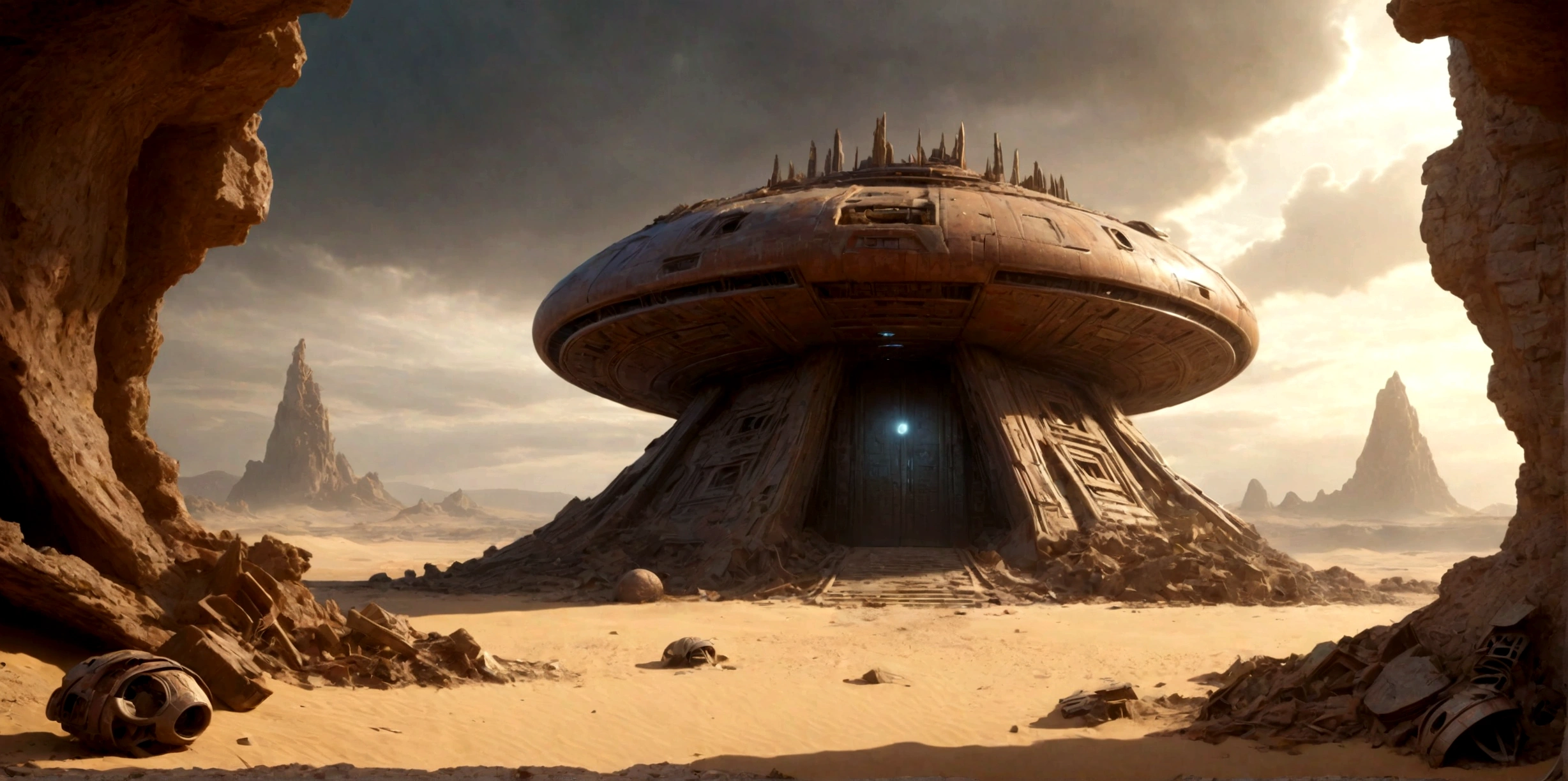 (EN UN VALLE RODEADO DE ACANTILADOS) ((THE DOOR OF AN ALIEN TEMPLE IN RUINS AND IN PIECES) , (A GIANT, THREE-LEVEL, 300-METER-LONG SPACESHIP FALLING RUSTY ABANDONED LAYING IN THE SAND CRUMBLED INTO DOZENS OF PIECES BY TIME))), SUPER HIGH DEFINITION IMAGE WITH HYPER REALISM , MUCHO CALOR, PLANETA SECO, hyper realistic in 4K, cinematic lighting. little vegetation on alien planet other than Earth, cloudy stormy and cold weather, el sol se oculta