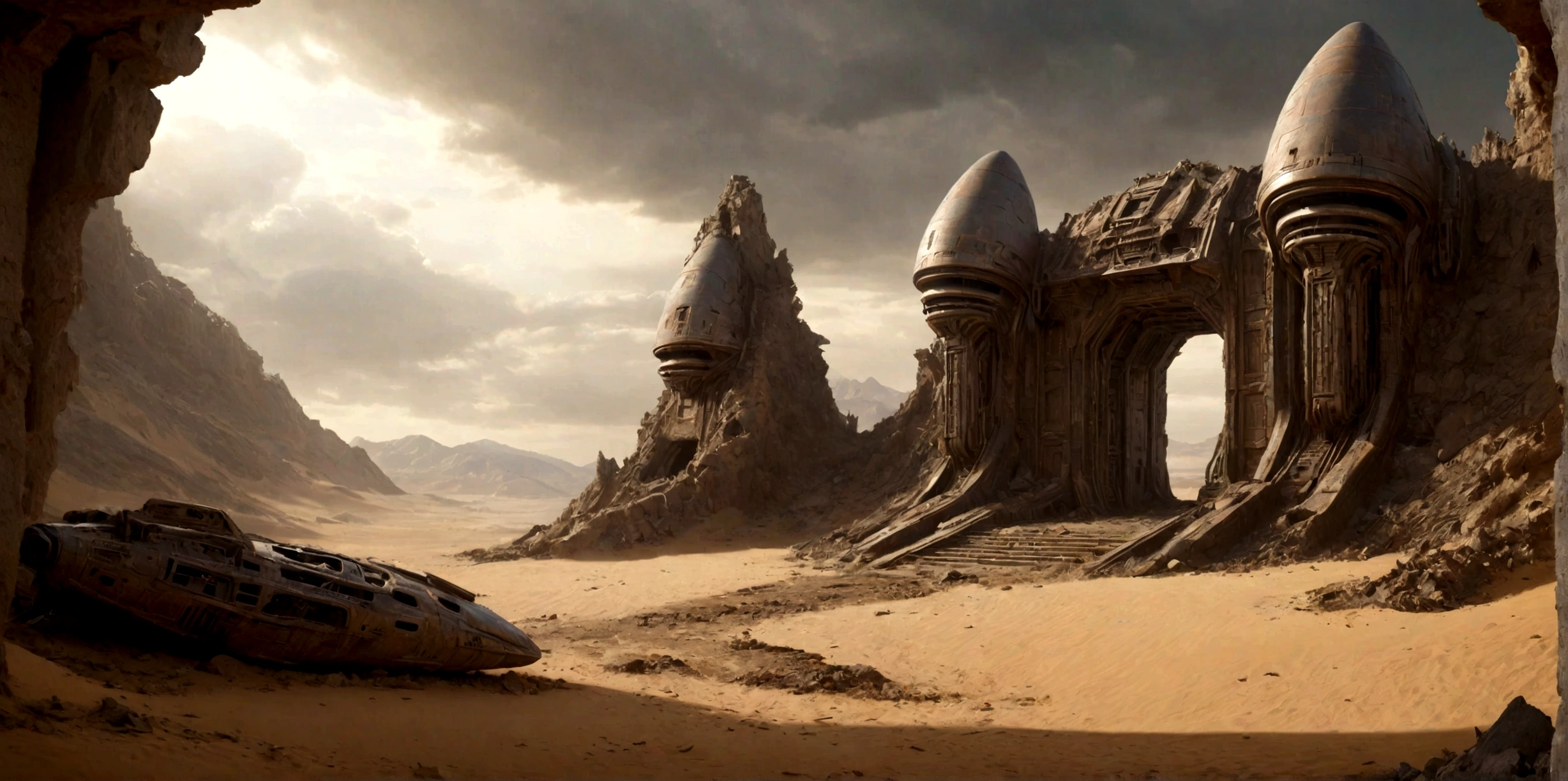 (EN UN VALLE RODEADO DE ACANTILADOS) ((THE DOOR OF AN ALIEN TEMPLE IN RUINS AND IN PIECES) , (A GIANT, THREE-LEVEL, 300-METER-LONG SPACESHIP FALLING RUSTY ABANDONED LAYING IN THE SAND CRUMBLED INTO DOZENS OF PIECES BY TIME))), SUPER HIGH DEFINITION IMAGE WITH HYPER REALISM , MUCHO CALOR, PLANETA SECO, hyper realistic in 4K, cinematic lighting. little vegetation on alien planet other than Earth, cloudy stormy and cold weather, el sol se oculta