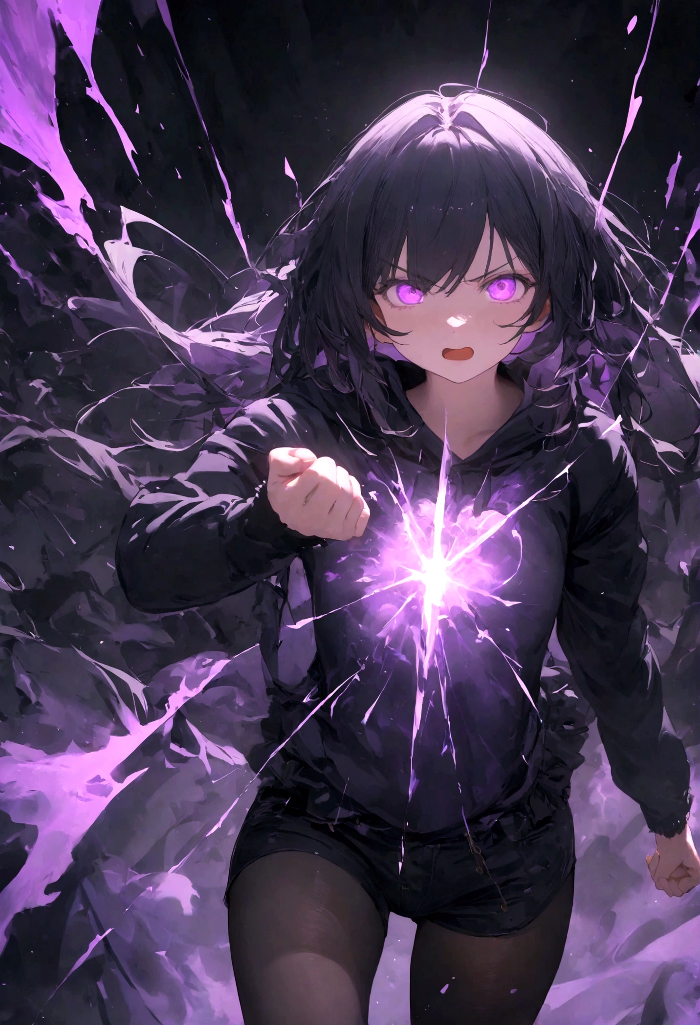 1girl, original, (solo:1.1), standing, raised fist,
scary face, ((intimate purple mist background), ((solo)), (psychic girl),The rays of light shoot through my chest, small chest, black tights, black shorts, visible through hair, (wearing black hoodie clothes), (transparency black hair), pointed end purple, gradient purple eyes, (perfect anatomy), psychokinesis, masterpiece,insanevoid, horror \(theme\),, glowing, aura, energy,flying psychic beam, ((attack)), beam, flying debris, [angry], floating hair,purple: (purple theme:1.2),blue: (blue theme:1.1), (masterpiece:1.2), (best quality:1.2), (very aesthetic:1.2), (absurdres:1.2), newest, 