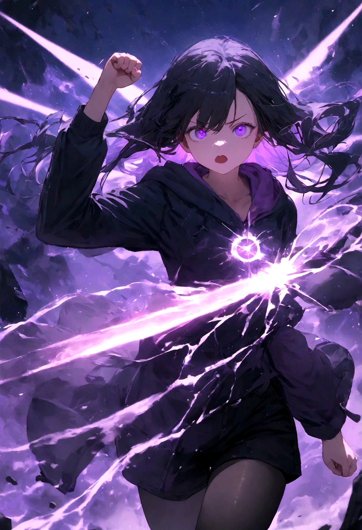 1girl, original, (solo:1.1), standing, raised fist,
scary face, ((intimate purple mist background), ((solo)), (psychic girl),The rays of light shoot through my chest, small chest, black tights, black shorts, visible through hair, (wearing black hoodie clothes), (transparency black hair), pointed end purple, gradient purple eyes, (perfect anatomy), psychokinesis, masterpiece,insanevoid, horror \(theme\),, glowing, aura, energy,flying psychic beam, ((attack)), beam, flying debris, [angry], floating hair,purple: (purple theme:1.2),blue: (blue theme:1.1), (masterpiece:1.2), (best quality:1.2), (very aesthetic:1.2), (absurdres:1.2), newest, 