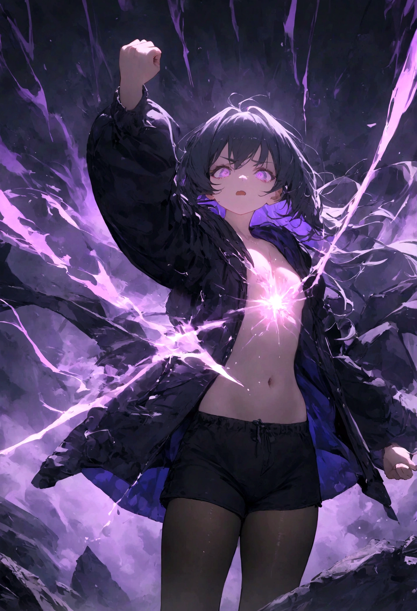 1girl, original, (solo:1.1), standing, raised fist,
scary face, ((intimate purple mist background), ((solo)), (psychic girl),The rays of light shoot through my chest, small chest, black tights, black shorts, visible through hair, (wearing black hoodie clothes), (transparency black hair), pointed end purple, gradient purple eyes, (perfect anatomy), psychokinesis, masterpiece,insanevoid, horror \(theme\),, glowing, aura, energy,flying psychic beam, ((attack)), beam, flying debris, [angry], floating hair,purple: (purple theme:1.2),blue: (blue theme:1.1), (masterpiece:1.2), (best quality:1.2), (very aesthetic:1.2), (absurdres:1.2), newest, 