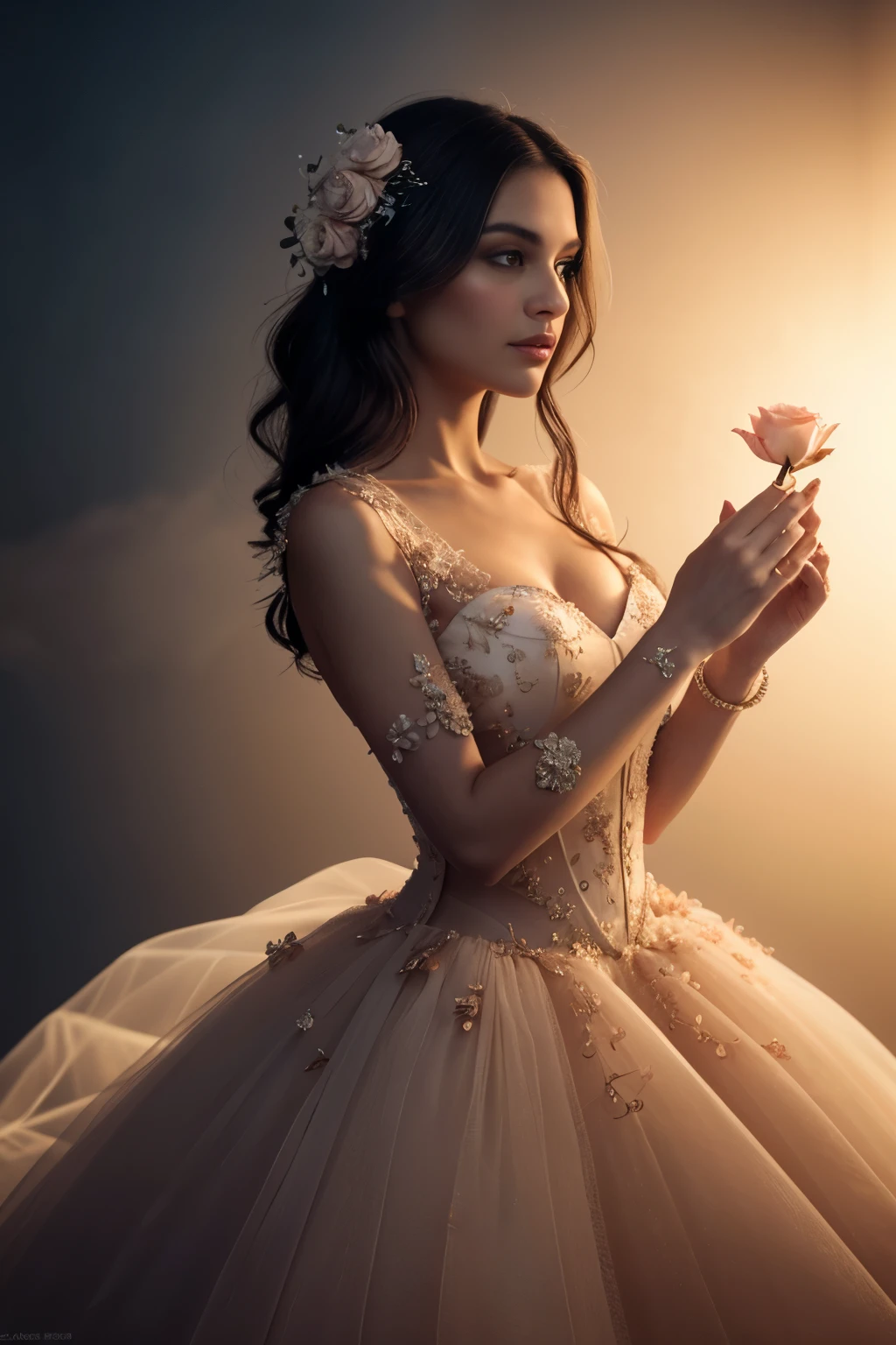 Masterpiece, high quality, queen of the rose flowers kingdom, beautiful female wearing flower suit, a haute couture dress of rose flowers and its petals, curvy features, costume design, octane render, supernatural grandeur, ethereal translucent layers, shimmering natural layers, majestic flowing, timeless sophistication, enigmatic aura, detailed and nuanced brushstrokes, dramatic chiaroscuro lighting, deep tones of peach color, luxurious velvety shadows, luminescent outlines, atmospheric depth, artistic finesse, reminiscent of da Vinci's masterful techniques, natural ornaments, dress flowing like flower petals, whispering enigmas of future eras, avant-garde, a dream, subtle texture, Shot on a Hasselblad medium format camera with a prime lens. Unmistakable to a photograph. Cinematic lighting. Photographed by an award winning photographer, insanely detailed and intricate, hyper maximalist, elegant, dynamic pose, photography, volumetric, ultra-detailed, intricate details, super detailed, ambient, uplight --ar 9:16 --style raw --v 6.0