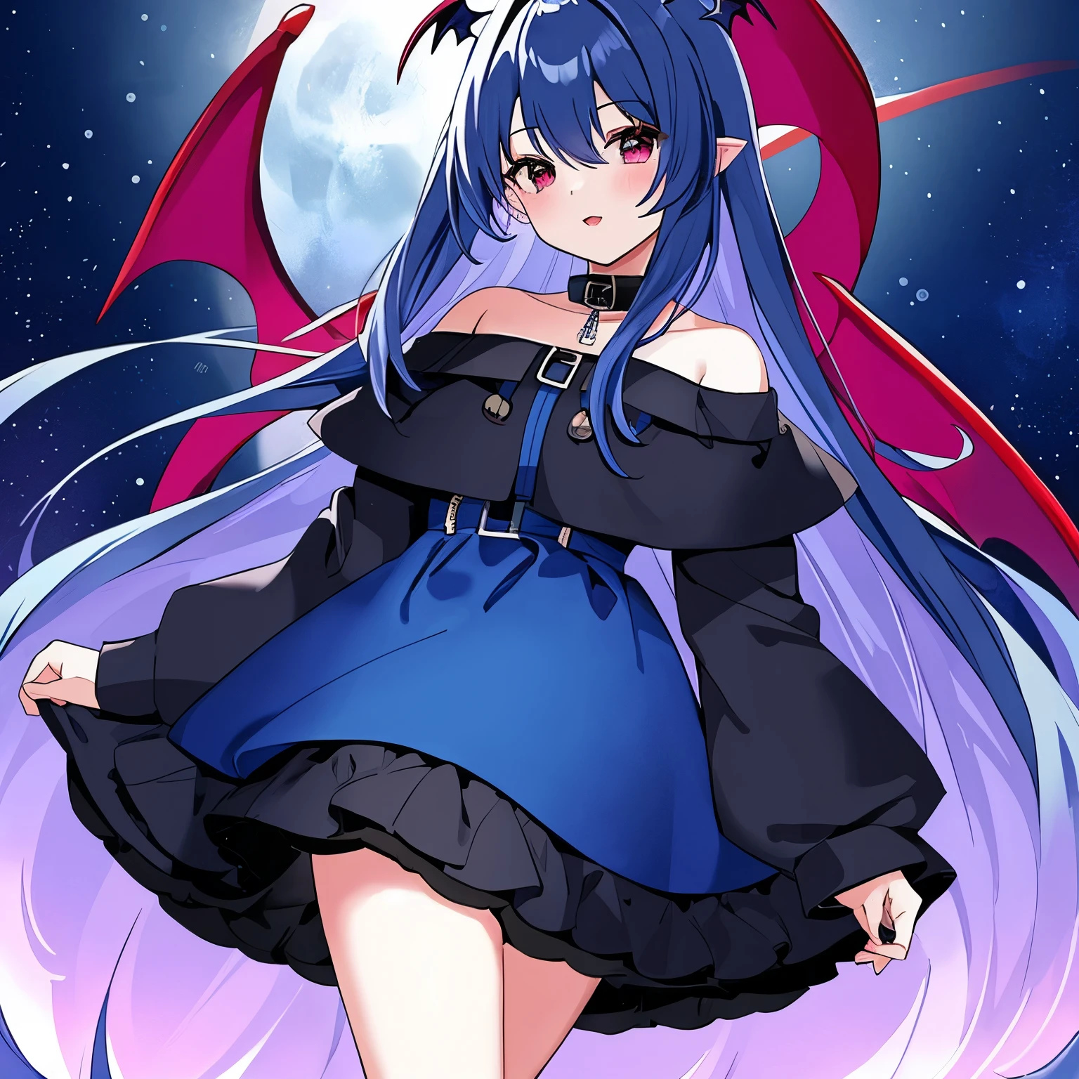 Moon demon woman, Blue glowing eyes, sharp teeth smile, Long dark blue hair with sparkling stars falling from hair, Long blue shiny horns on head, Blue shiny moon shape crown, Long black cape on back.