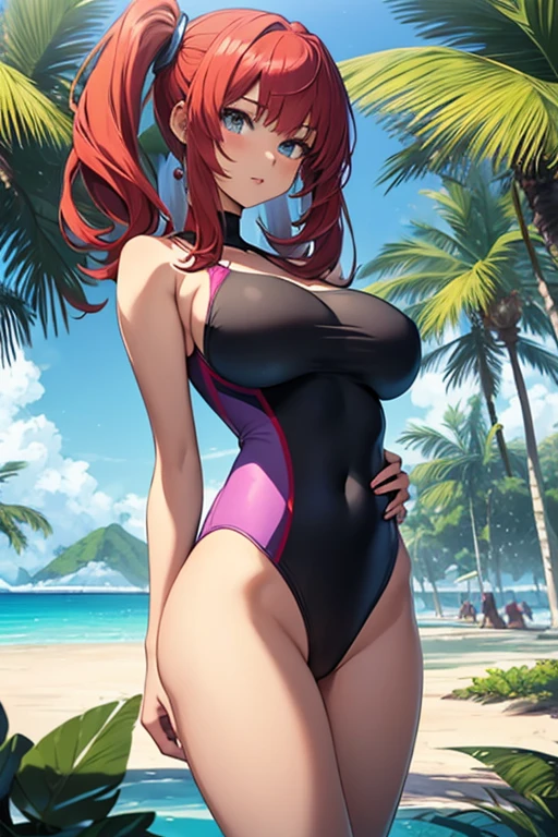 creates a 26-year-old anime girl with red hair, blue eyes, hands on her waist and a violet swimsuit with wide hips and large breasts and in a landscape of a tropical beach with palm trees and trees. 