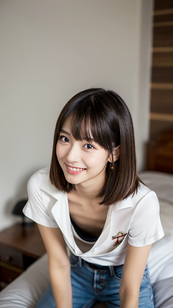 ((8K quality、professional、highest quality、masterpiece:1.3))、solo、Real、Photorealistic、Portrait、(Upper body close-up)、Slender Abs:1.2、Very cute 12-year-old elementary school student、((Flat Chest:1.4、AA cup、Skinny Beautiful Girl:1.4))、((Loose fitting T-shirt、Plain and large long T-shirt:1.4))、Bedroom:1.4、Platinum Blonde Hair、Silky straight hair、Beautiful Bangs、Delicate and cute 12-year-old beautiful girl、Slim fit、Skinny body、Sub-surface Scattering、Highly detailed face and skin texture、Beautiful detailed eyes、 Attractive big eyes、Beautiful detailed nose、The best beauty、Shooting from above、(Leaning forward:1.3)、Down blouse、Perfect hands、Smile、Looking at the camera