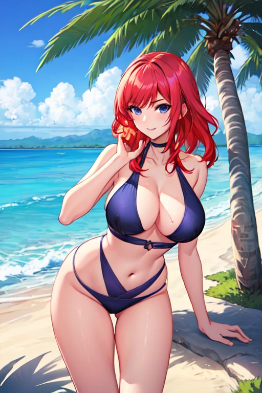 creates a 26-year-old anime girl with red hair, blue eyes, hands on her waist and a violet swimsuit with wide hips and large breasts and in a landscape of a tropical beach with palm trees and trees. 