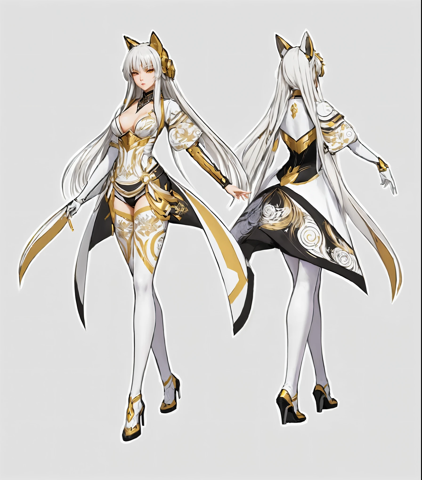 Character O radiates a futuristic elegance in her cyberpunk kimono, dominated by black, white, and gold. Her long hair, inspired by Asuna from SAO, adds a classic touch. The nine fox tails add a layer of mystique and strength, combining traditional and modern elements into a unique and captivating character