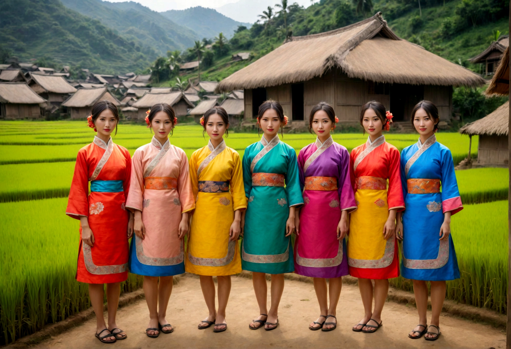((best quality)), ((masterpiece)), (detailed), 5girl, five Women standing in front of village hut in the Asian region looking to viewer, the hui chinese ethnic group plateau area, dress in short traditional and see the rice fields and rural towns of the city.