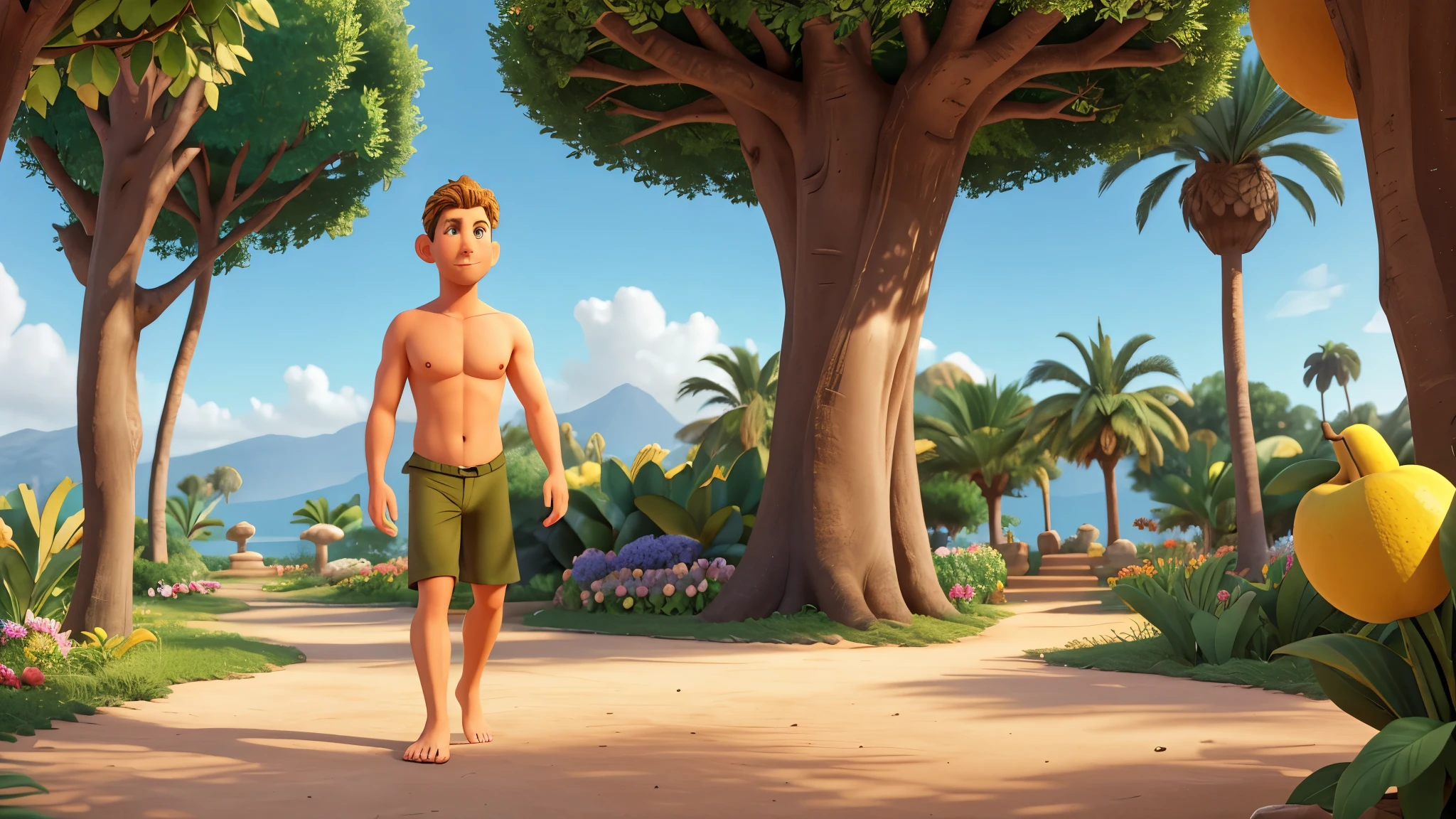 Create a 3D drawing, in Disney Pixar style, of Adam, a 33-year-old man, handsome, athletic, nude, barefoot in the Garden of Eden, paradise place, a lush place with fruit trees and colorful flowers, the lighting should be dramatic, with a golden glow. The scene should convey tranquility, sacredness, and a sense of awe and wonder. Best image in 8K.