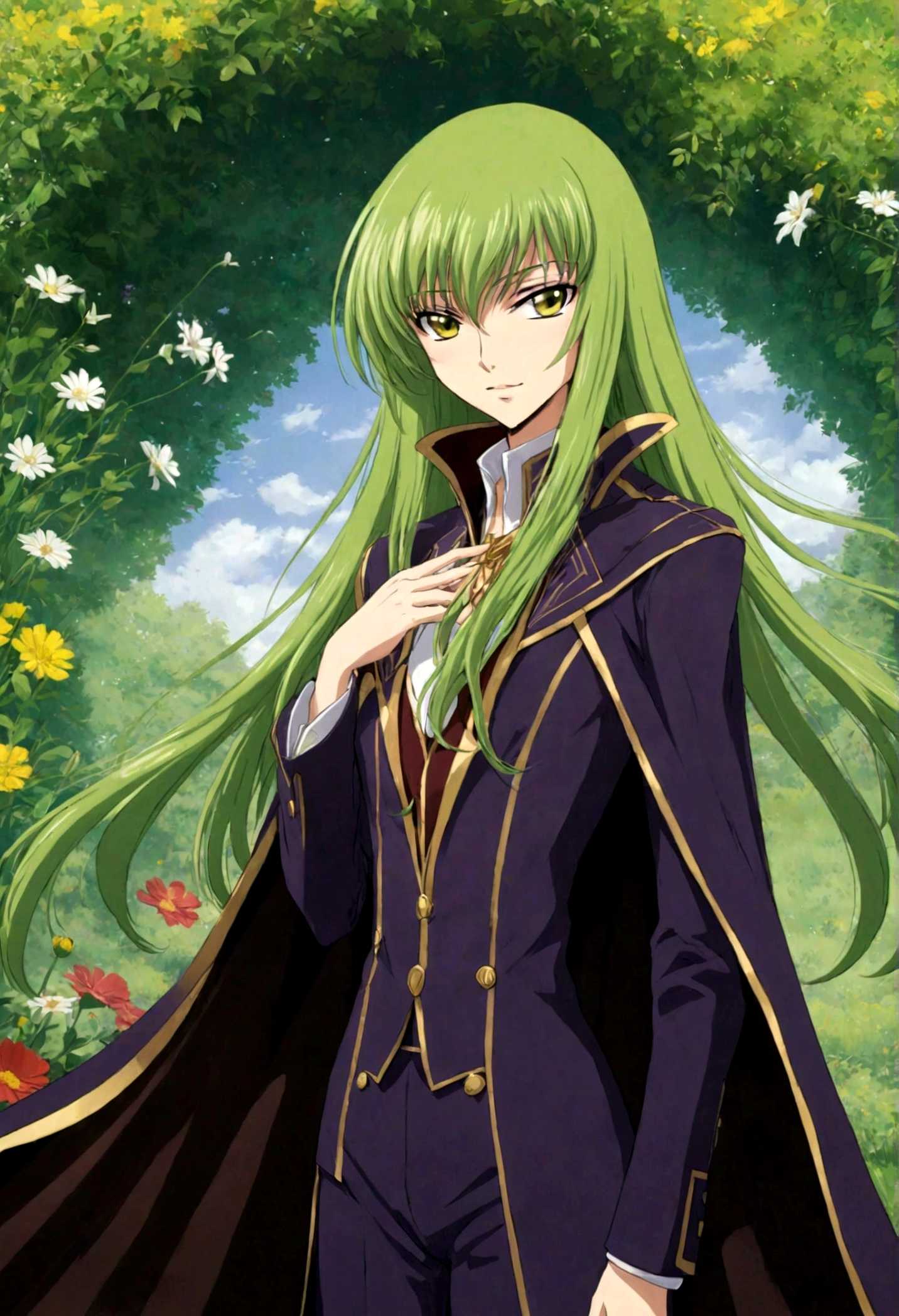 1girl, Code Geass, C.C., "CODE GEASS Lelouch of the Rebellion", solo, (green hair), by Quentin Blake, cc_codegeass, long hair, straight hair, bangs, brown eyes, hair between eyes, suit, cloak, flowers, outdoor, seductive smile, looking at viewer, (masterpiece, best quality, Professional, perfect composition, very aesthetic, absurdres, ultra-detailed, intricate details:1.3)